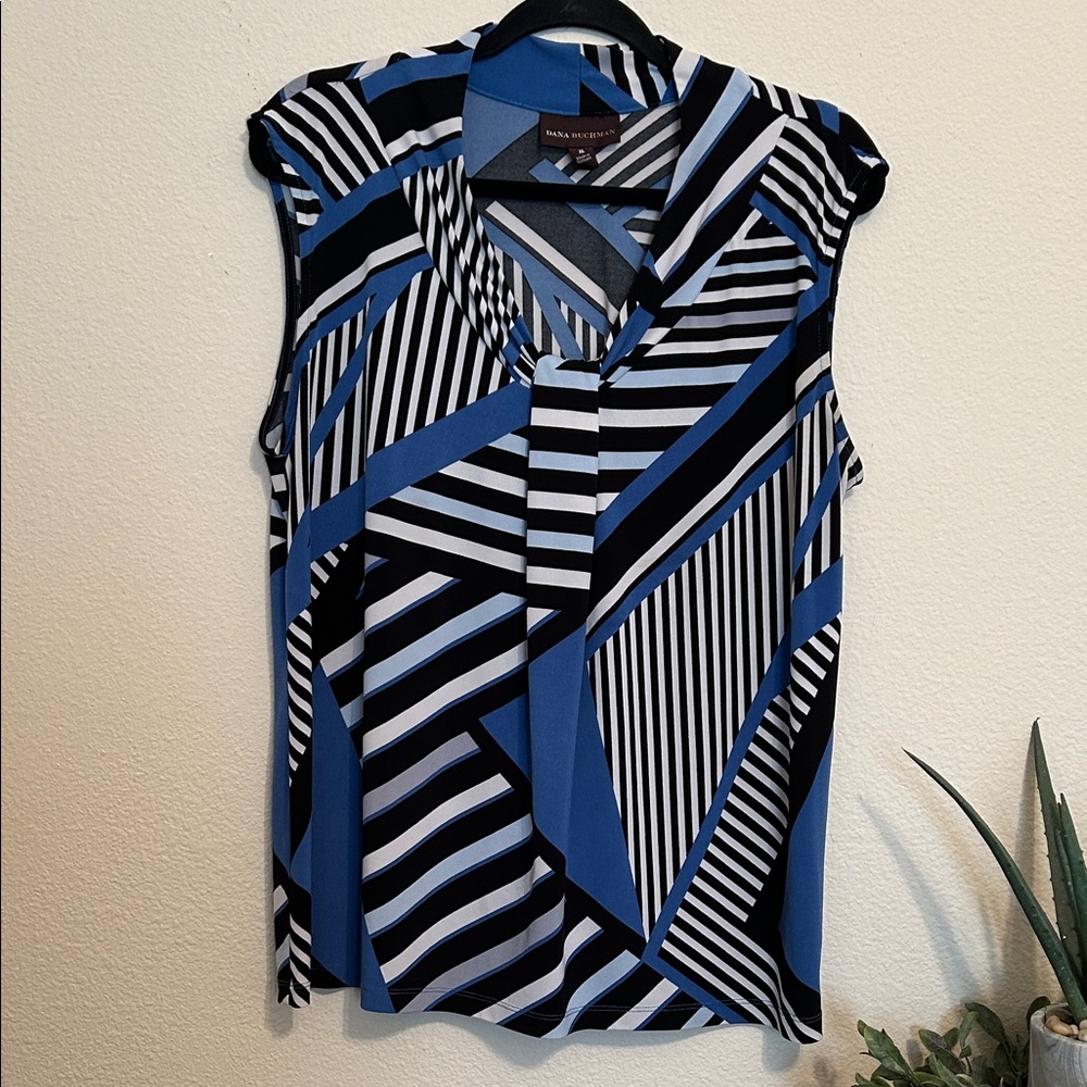 Dana Buchman Black and Blue Striped Sleeveless Blouse